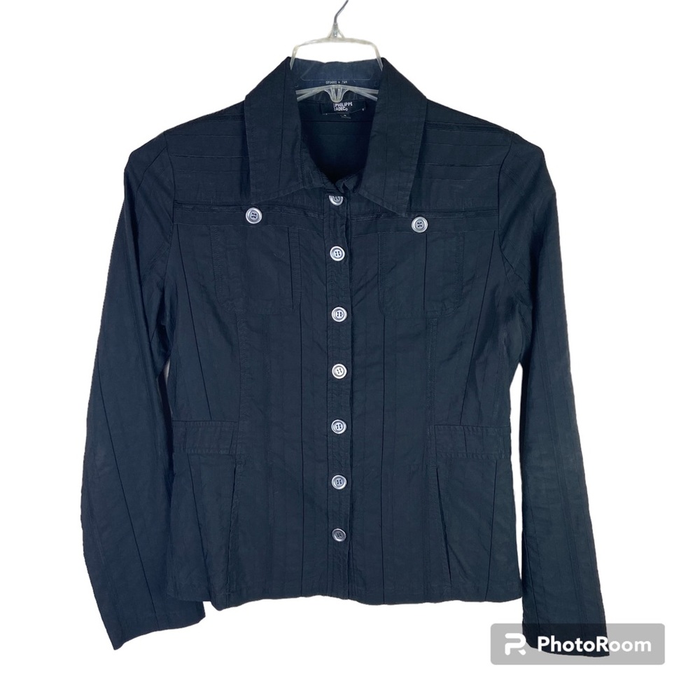 Philippe Adec Paris black button up blouse with 4 front pockets minimalistic